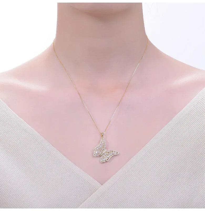 14K Gold Plated with Clear Cubic Zirconia Butterfly Pendant Necklace