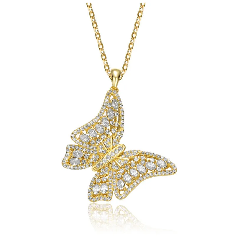 14K Gold Plated with Clear Cubic Zirconia Butterfly Pendant Necklace