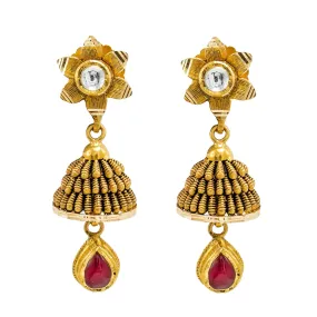22K Yellow Gold Jhumki Drop Earrings W/ Ruby, Kundan, Flower Stud & Layered Antique Finish Drop