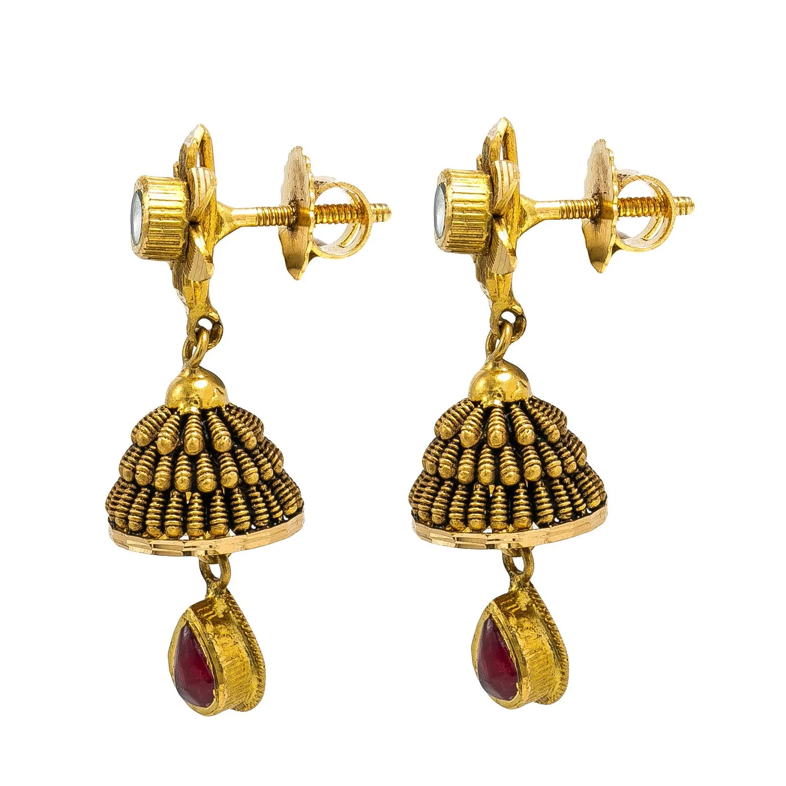 22K Yellow Gold Jhumki Drop Earrings W/ Ruby, Kundan, Flower Stud & Layered Antique Finish Drop