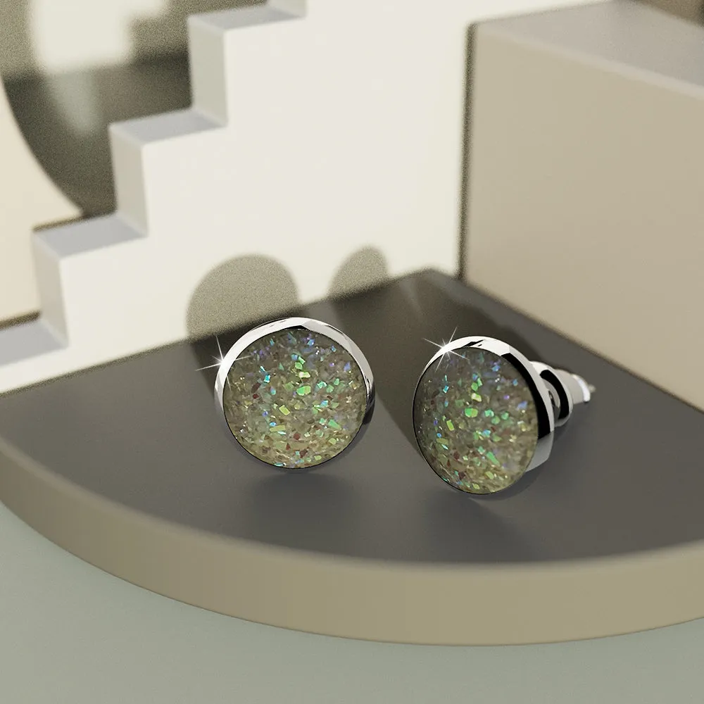 Amalgam White Gold Layered White Stone Stud Earrings 15mm