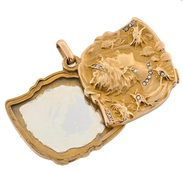 Art Nouveau French 18k Diamond Repousse Slide Locket