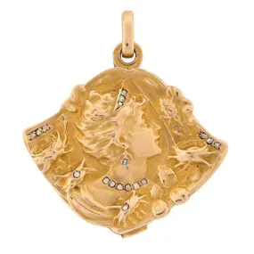 Art Nouveau French 18k Diamond Repousse Slide Locket