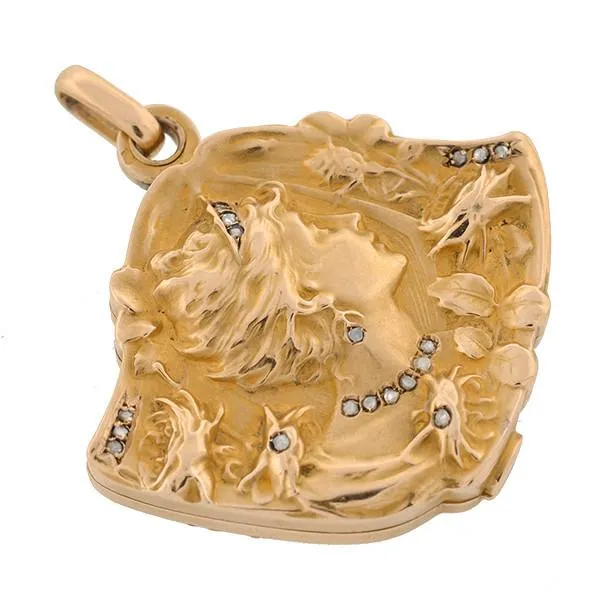Art Nouveau French 18k Diamond Repousse Slide Locket