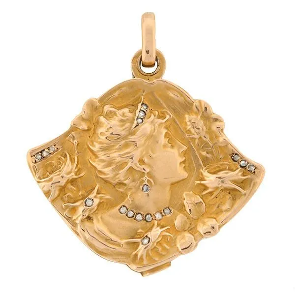 Art Nouveau French 18k Diamond Repousse Slide Locket