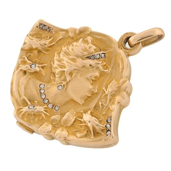 Art Nouveau French 18k Diamond Repousse Slide Locket