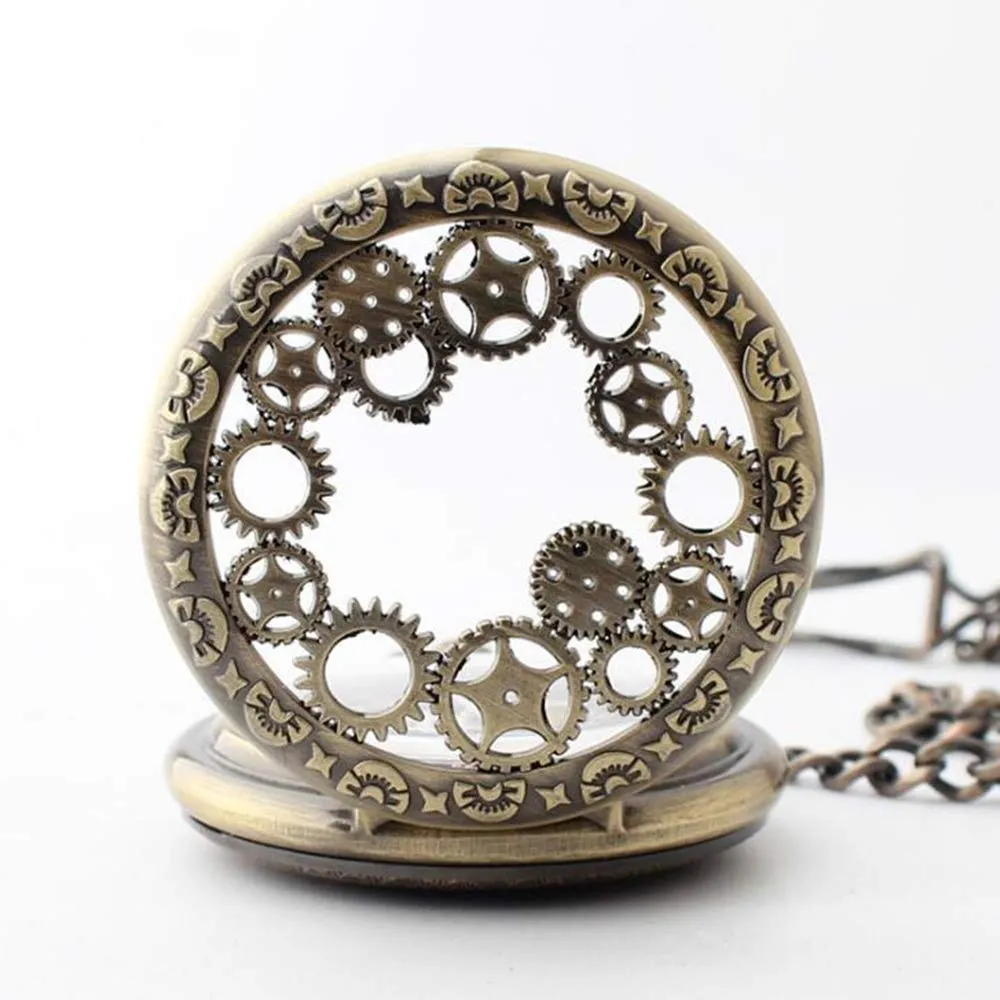 Avaner Steampunk Retro Half Hunter Copper Gear Skeleton Hand Wind Mechanical Roman/Arabic Numeral Analog Display Pocket Watch with 14"Chain brown