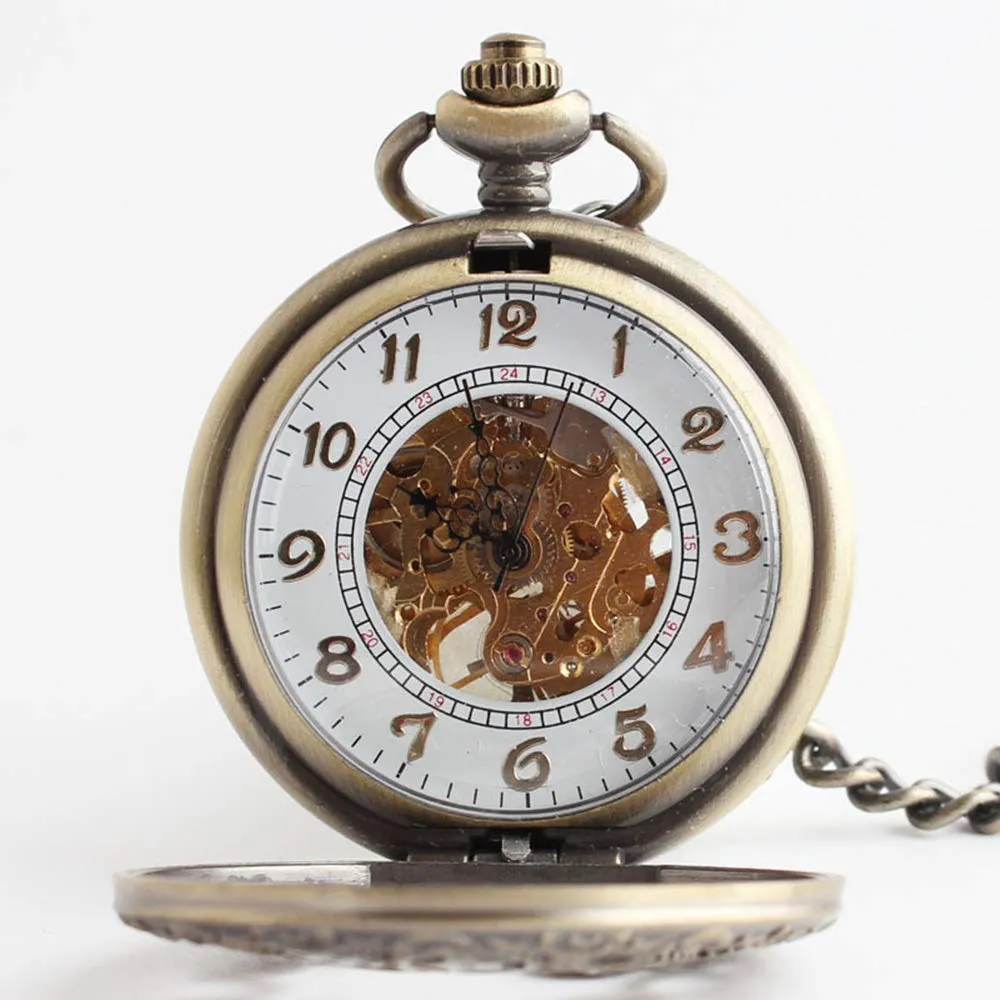 Avaner Steampunk Retro Half Hunter Copper Gear Skeleton Hand Wind Mechanical Roman/Arabic Numeral Analog Display Pocket Watch with 14"Chain brown