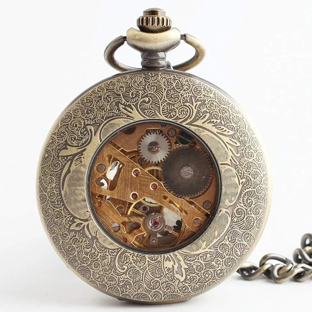 Avaner Steampunk Retro Half Hunter Copper Gear Skeleton Hand Wind Mechanical Roman/Arabic Numeral Analog Display Pocket Watch with 14"Chain brown