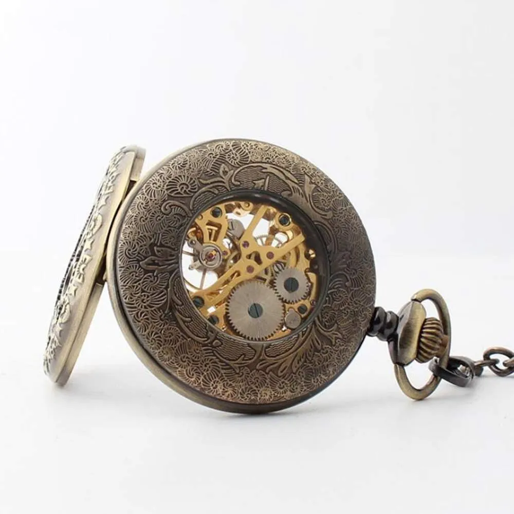 Avaner Steampunk Retro Half Hunter Copper Gear Skeleton Hand Wind Mechanical Roman/Arabic Numeral Analog Display Pocket Watch with 14"Chain brown