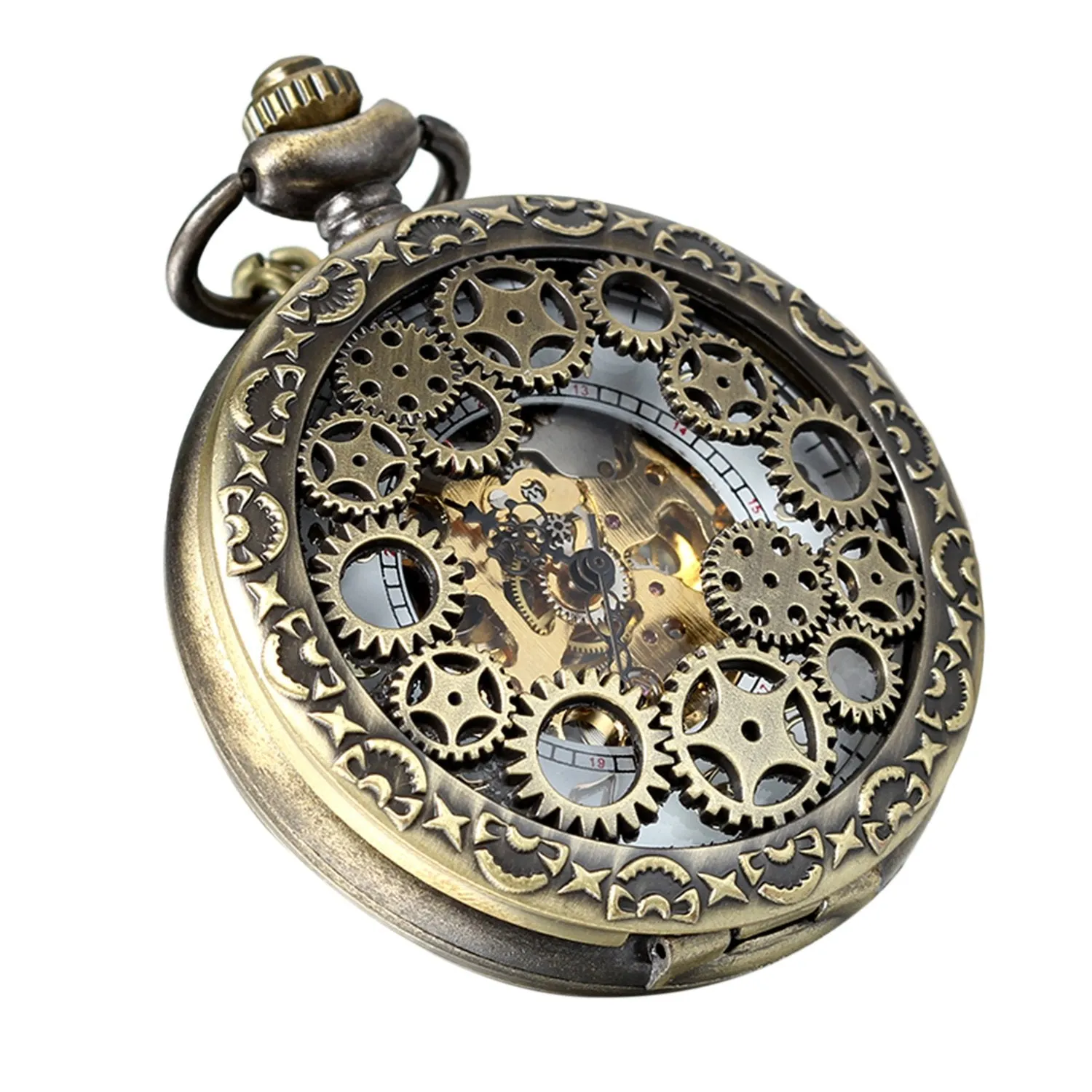 Avaner Steampunk Retro Half Hunter Copper Gear Skeleton Hand Wind Mechanical Roman/Arabic Numeral Analog Display Pocket Watch with 14"Chain brown
