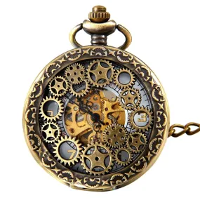 Avaner Steampunk Retro Half Hunter Copper Gear Skeleton Hand Wind Mechanical Roman/Arabic Numeral Analog Display Pocket Watch with 14"Chain brown