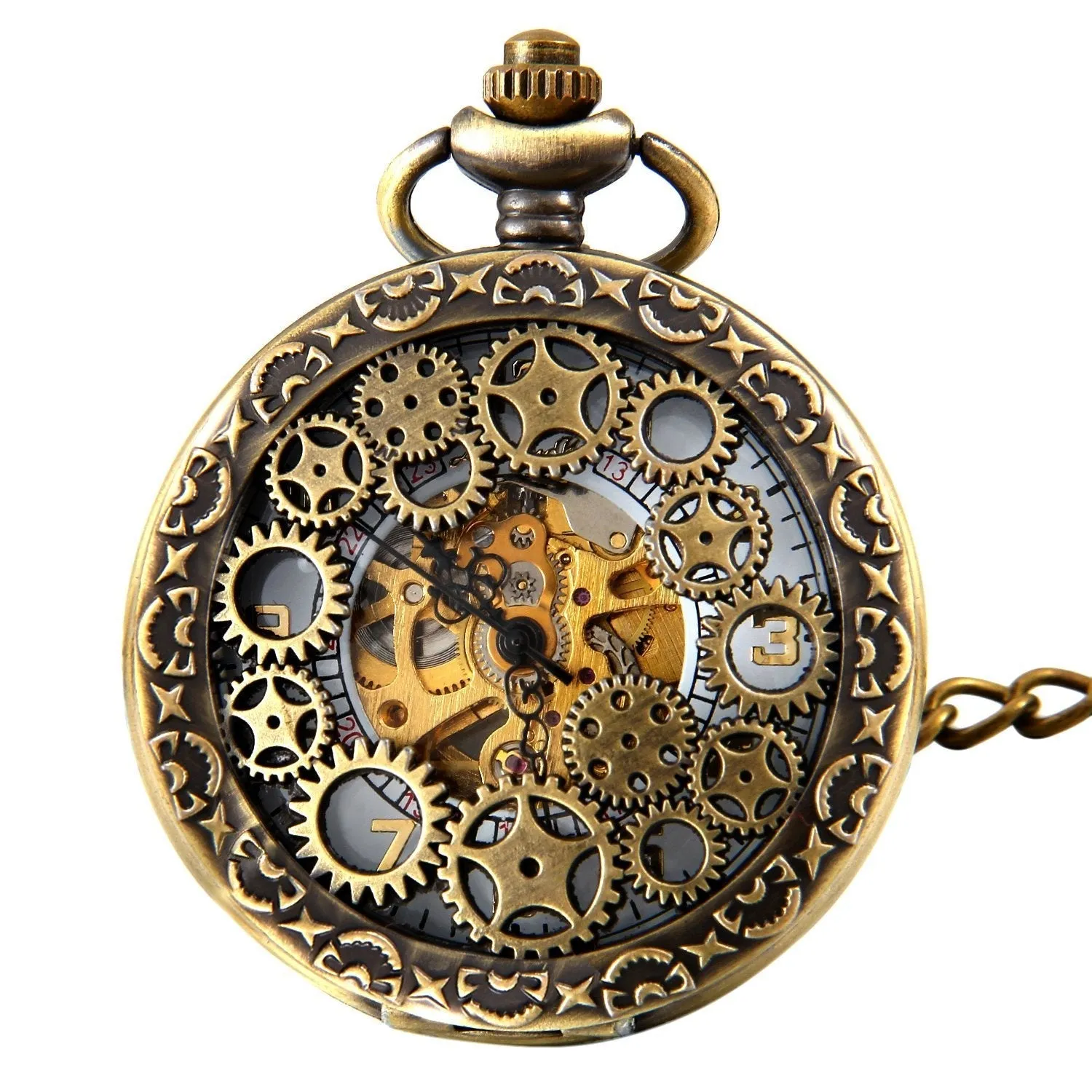 Avaner Steampunk Retro Half Hunter Copper Gear Skeleton Hand Wind Mechanical Roman/Arabic Numeral Analog Display Pocket Watch with 14"Chain brown