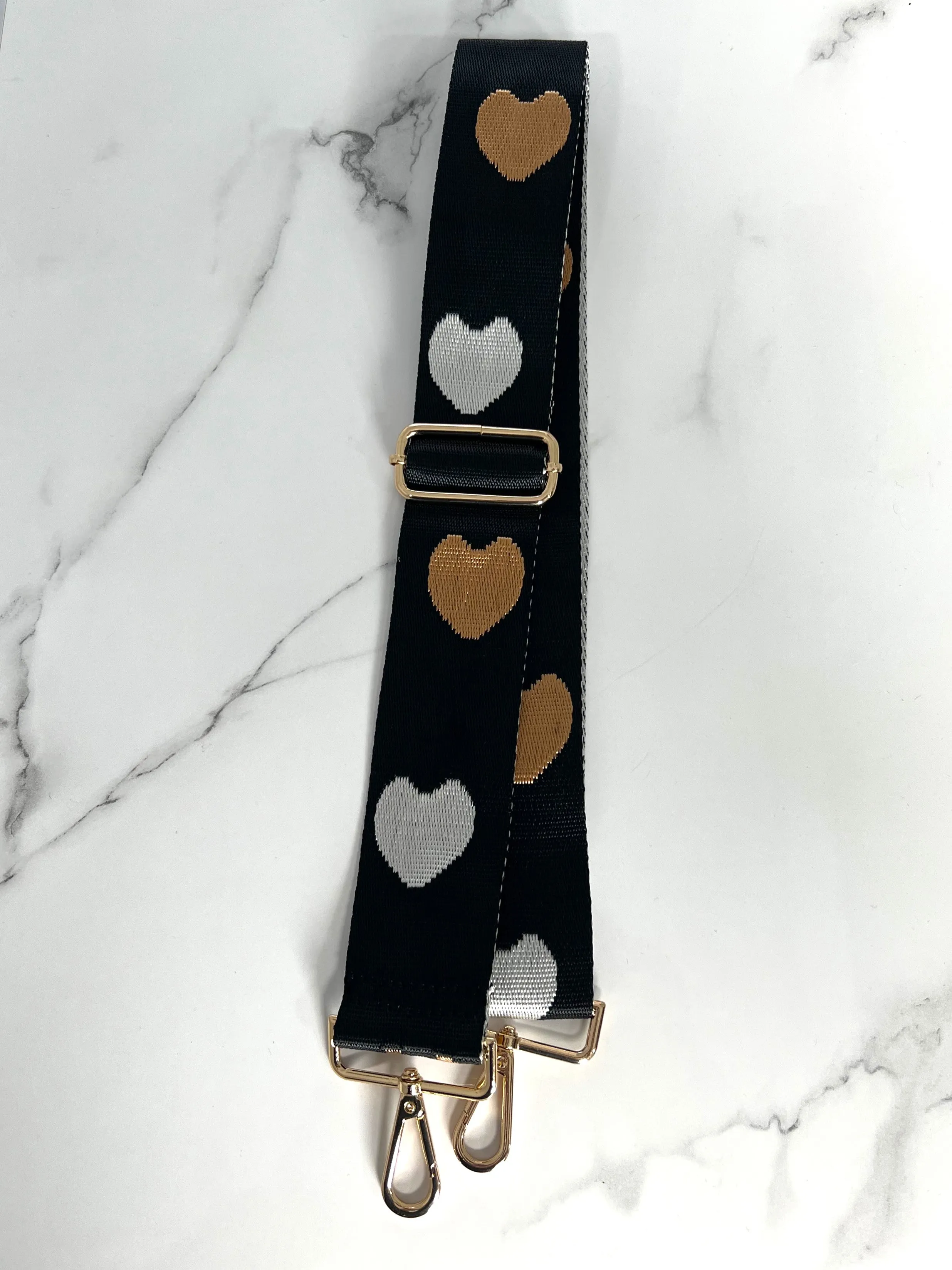 Bag Strap 10 - Black With Gold & Silver Hearts