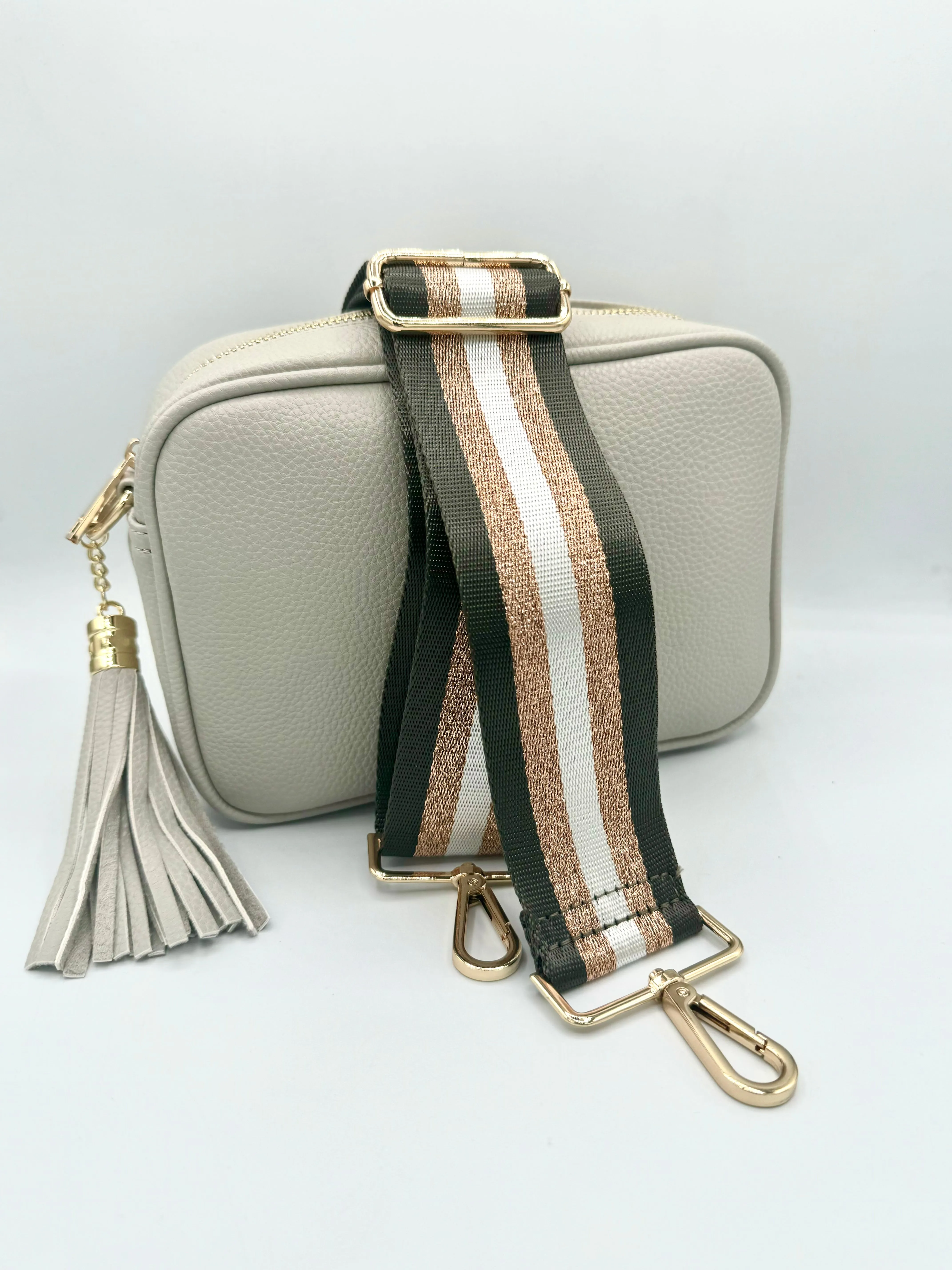 Bag Strap 78 - Dark Grey, White & Rose Gold Sparkly Stripe