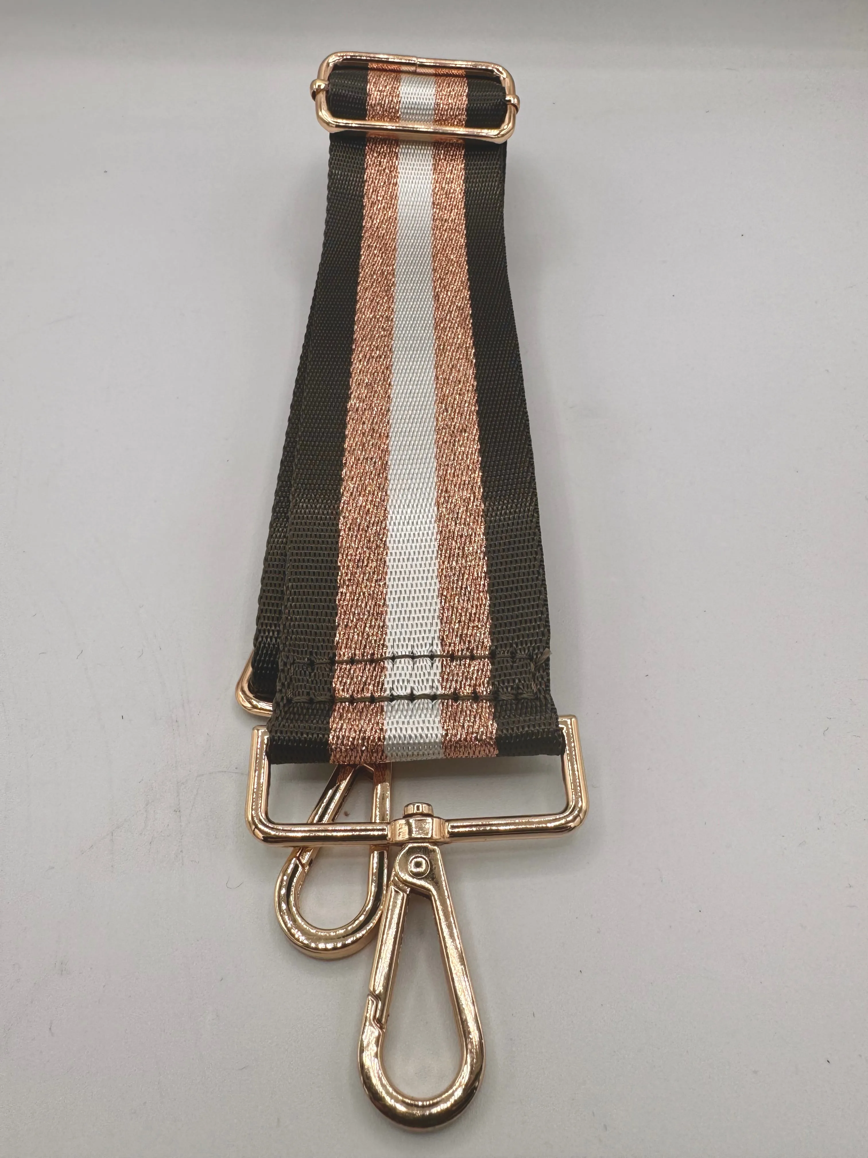 Bag Strap 78 - Dark Grey, White & Rose Gold Sparkly Stripe