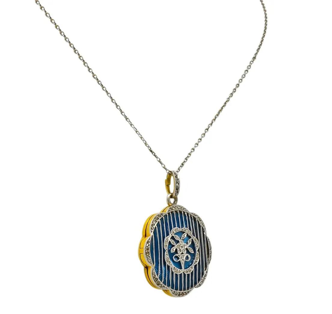 Belle Époque  Enamel Diamond Platinum-Topped 18 Karat Gold French Lariat Pendant Necklace