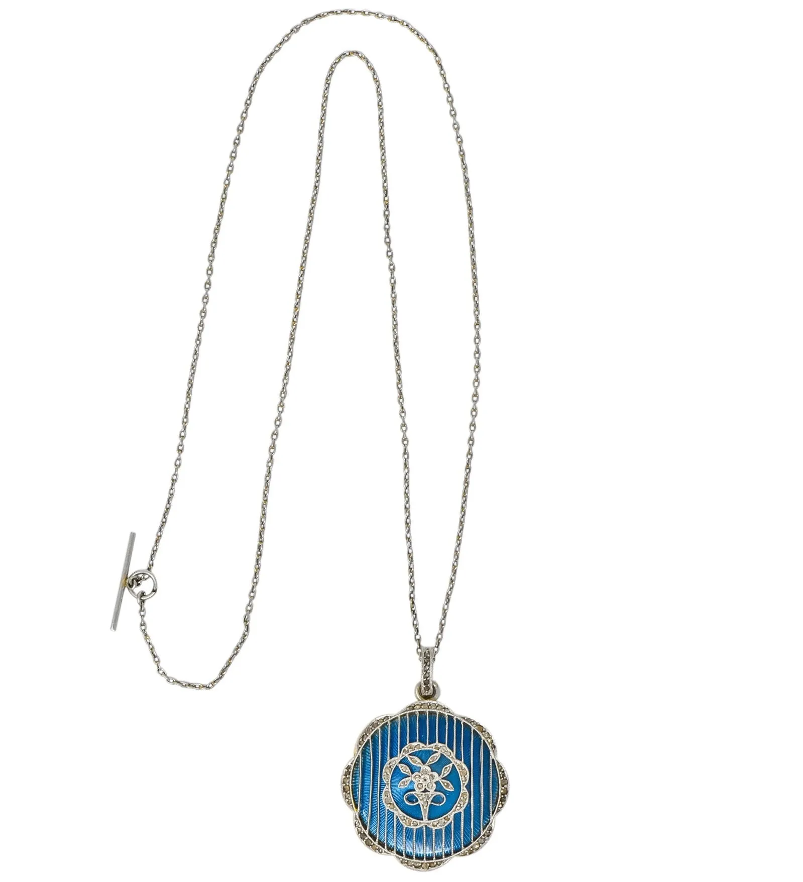 Belle Époque  Enamel Diamond Platinum-Topped 18 Karat Gold French Lariat Pendant Necklace
