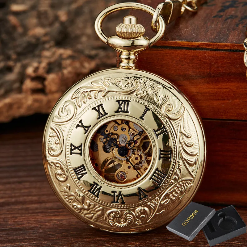 Black Steel Retro Hand Wind Mechanical Pocket Watch