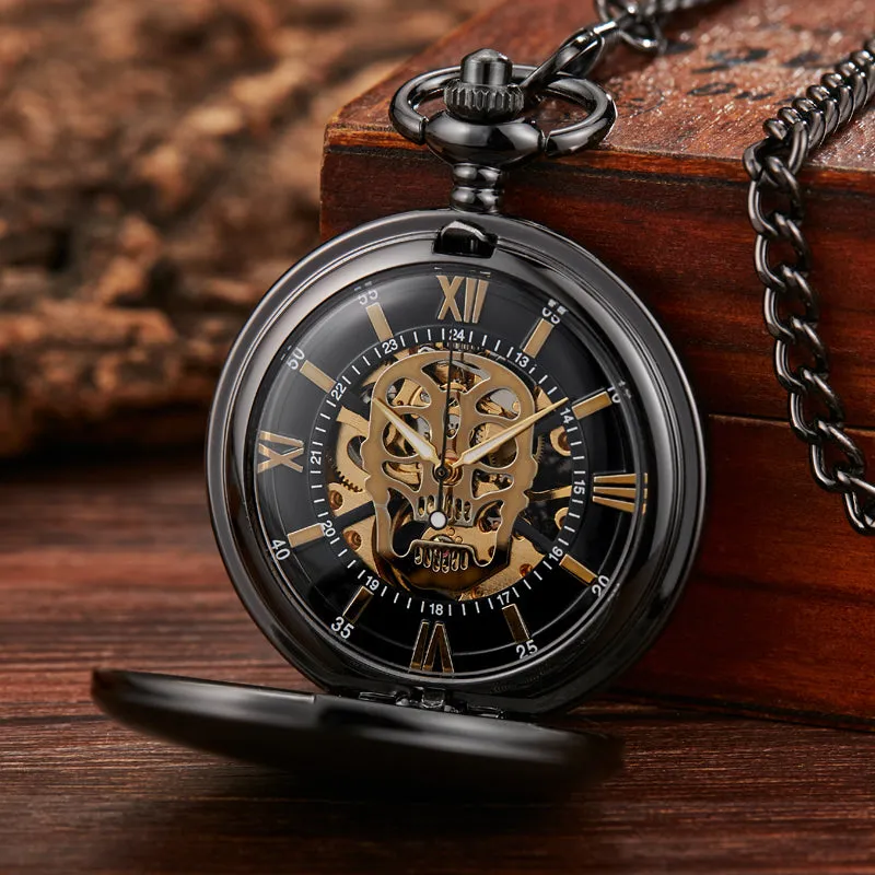 Black Steel Retro Hand Wind Mechanical Pocket Watch