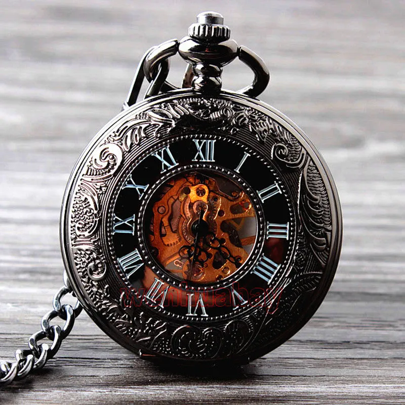 Black Steel Retro Hand Wind Mechanical Pocket Watch