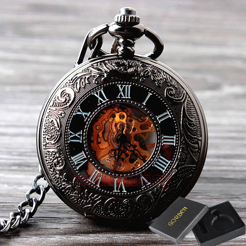 Black Steel Retro Hand Wind Mechanical Pocket Watch