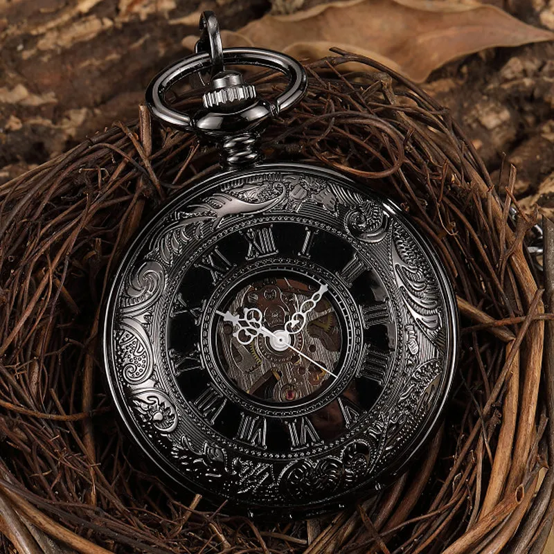 Black Steel Retro Hand Wind Mechanical Pocket Watch