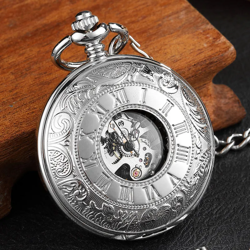 Black Steel Retro Hand Wind Mechanical Pocket Watch