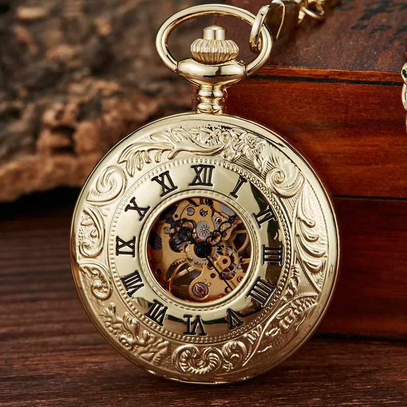 Black Steel Retro Hand Wind Mechanical Pocket Watch