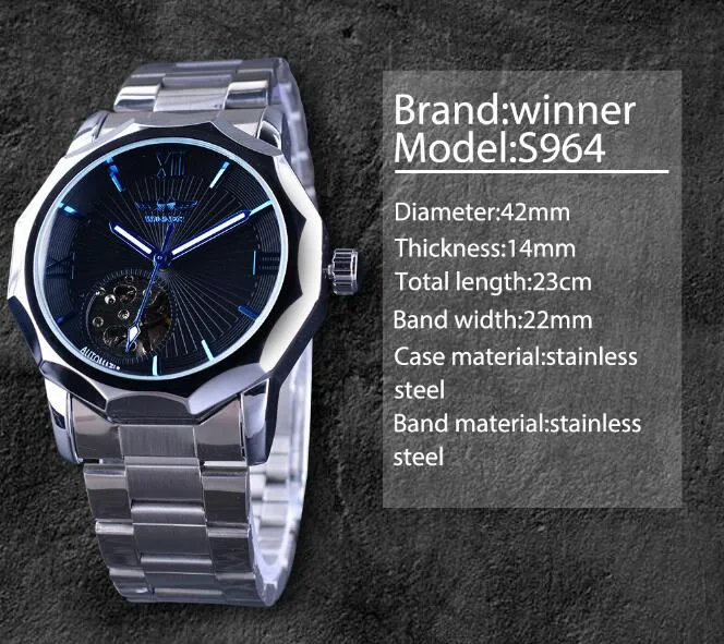 Blue Ocean 42mm Geometric Transparent Skeleton Dial Automatic Mechanical Stainless Steel Men's Watch (White/Black)