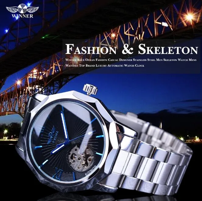 Blue Ocean 42mm Geometric Transparent Skeleton Dial Automatic Mechanical Stainless Steel Men's Watch (White/Black)