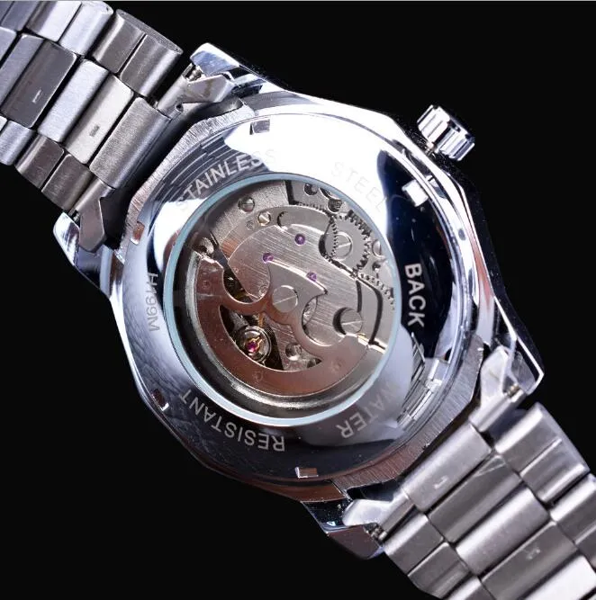 Blue Ocean 42mm Geometric Transparent Skeleton Dial Automatic Mechanical Stainless Steel Men's Watch (White/Black)