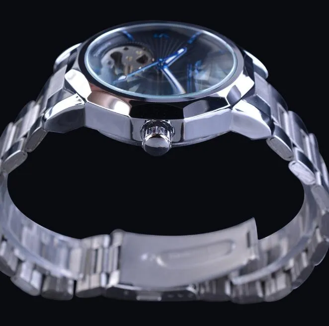 Blue Ocean 42mm Geometric Transparent Skeleton Dial Automatic Mechanical Stainless Steel Men's Watch (White/Black)
