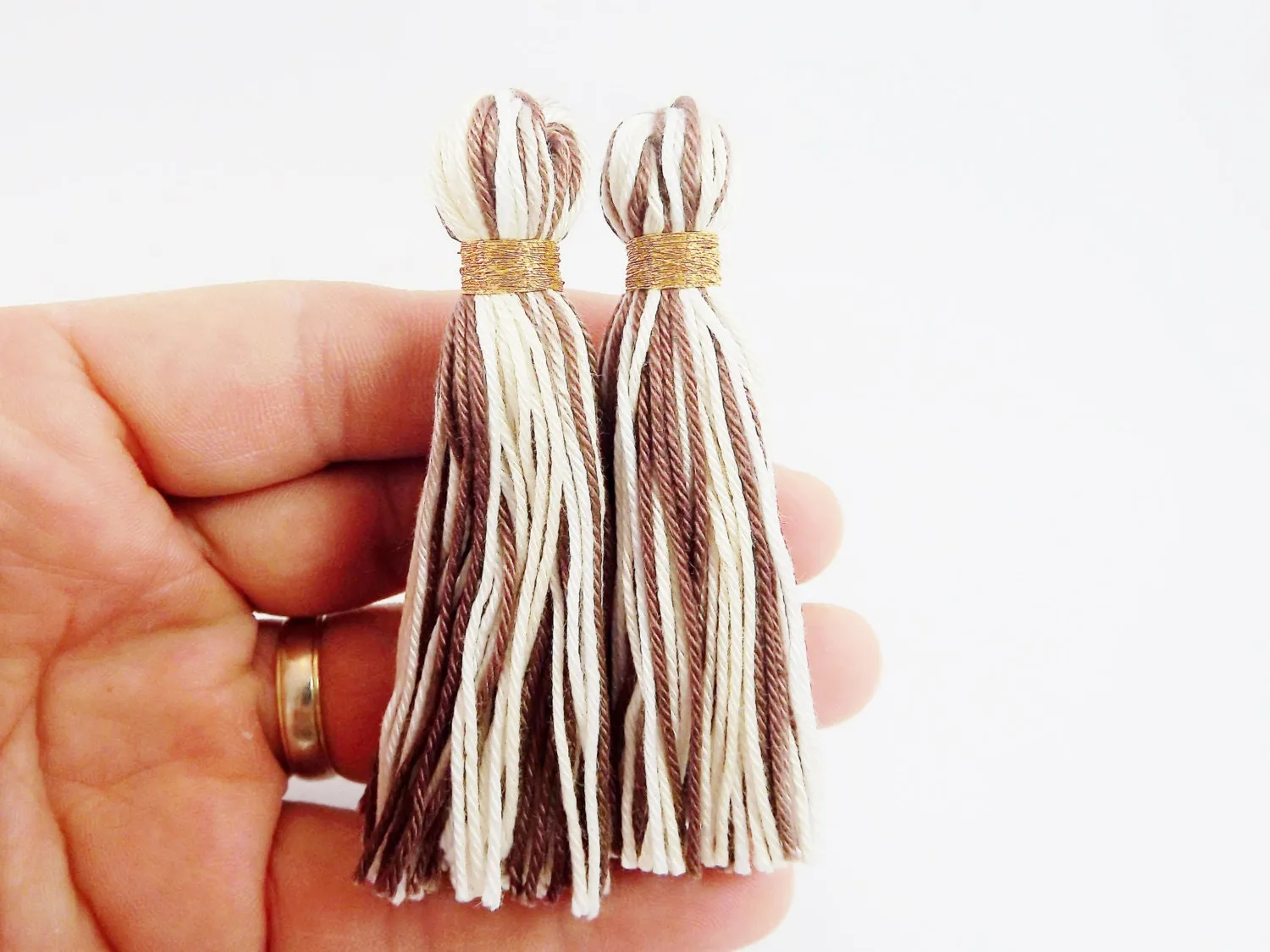 Brown Beige Cream White Multi color Handmade Cotton Wool Thread Tassel -  3 inches - 75mm  - 2 pc
