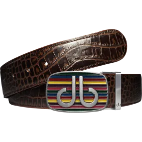 Brown Crocodile Textured Leather Belt with Multi-color Striped Buckle