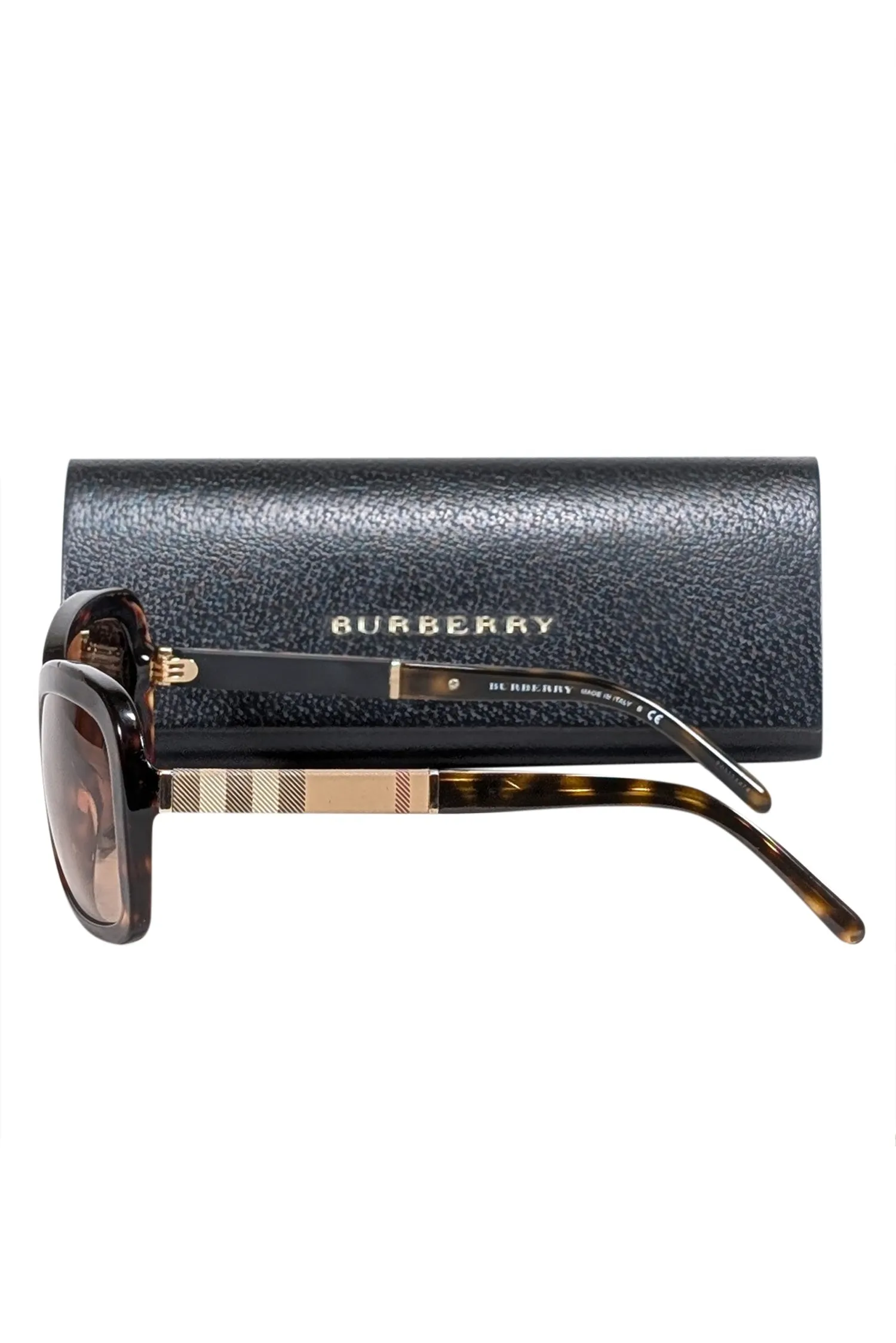 Burberry - Brown Rounded Square Sunglasses w/ Signature Plaid Sides