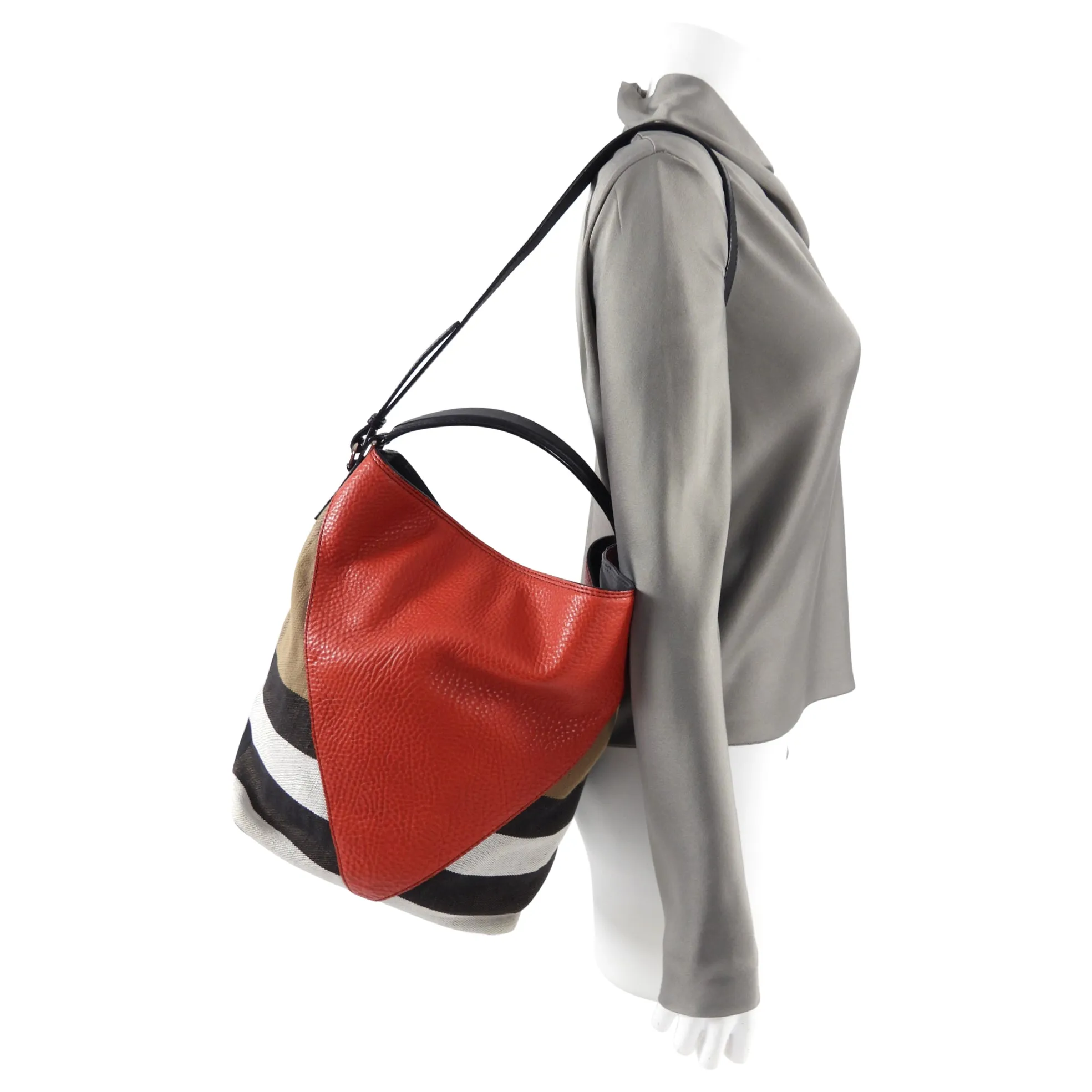 Burberry Red Canvas Check Two-Way Bucket Bag