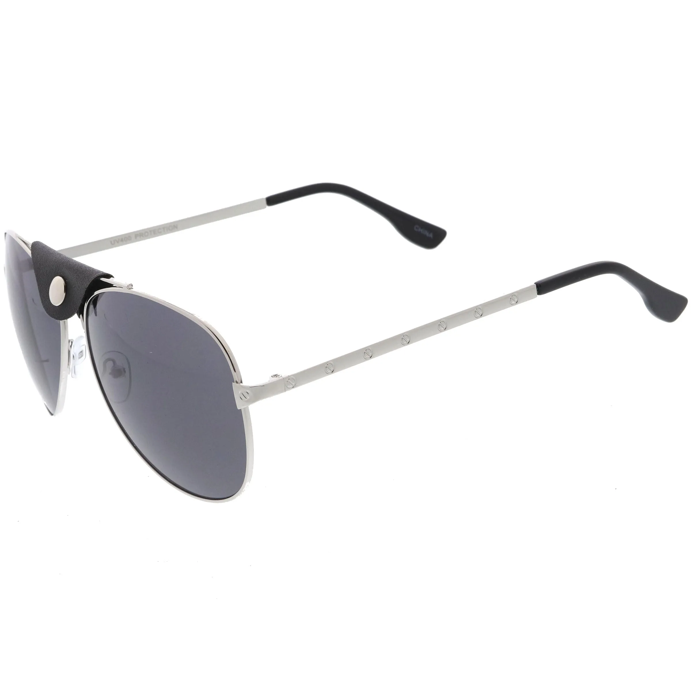Button Snap Vegan Leather Crossbar Strap Teardrop Oversize Aviator Sunglasses D063
