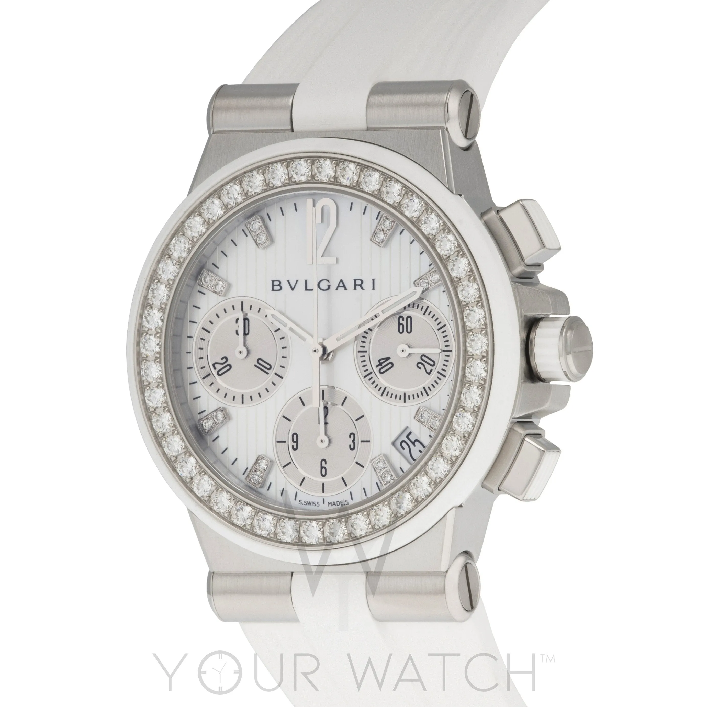 Bvlgari Diagono White Mother of Pearl Diamond Dial Chronograph Ladies' Watch 101755