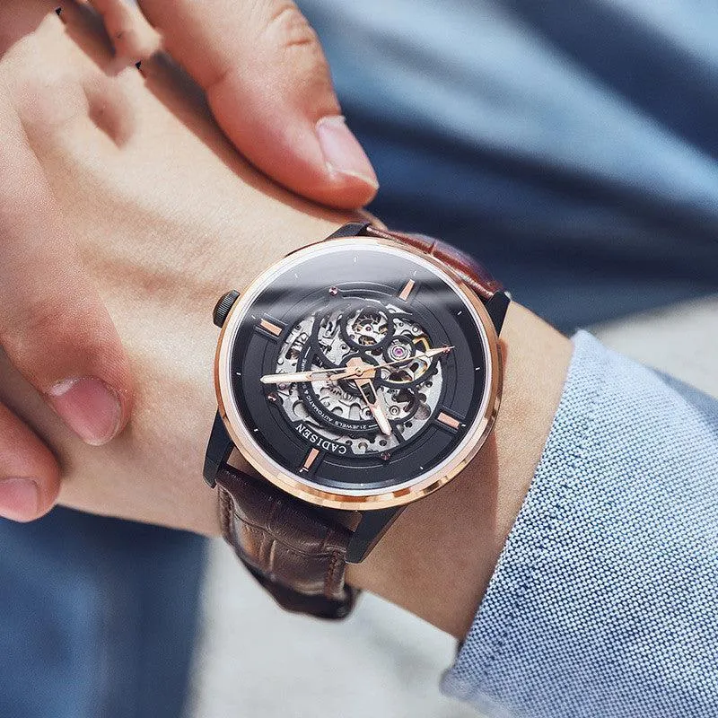 Cadisen 8161 Luxury Men's Watch Mechanical – Luminous Automatic Skeleton with Leather Band