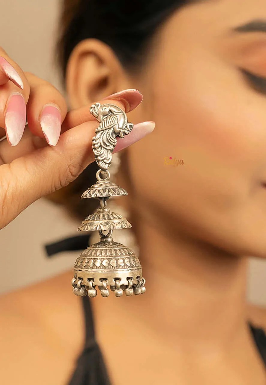 Carved Peacock Layered Jhumka Earrings