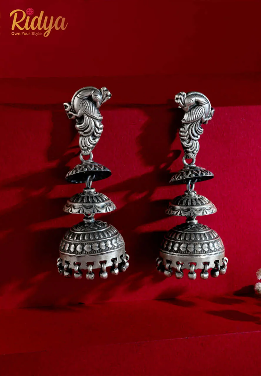 Carved Peacock Layered Jhumka Earrings