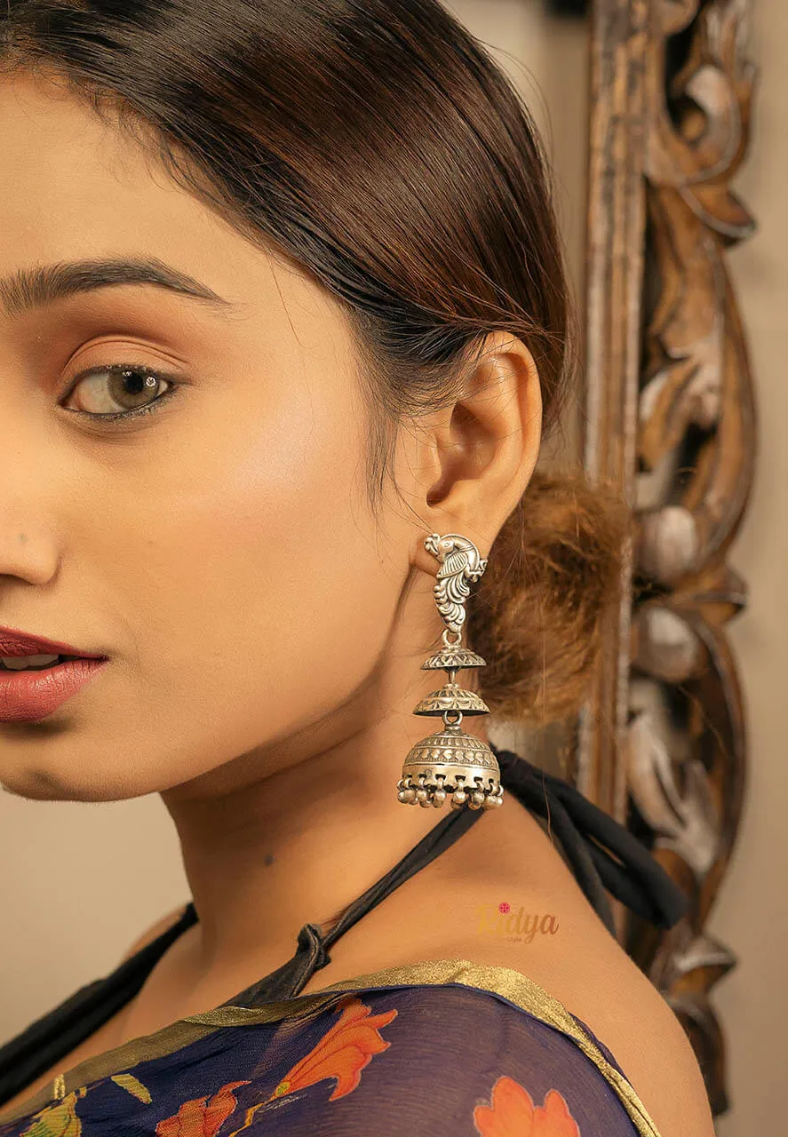 Carved Peacock Layered Jhumka Earrings