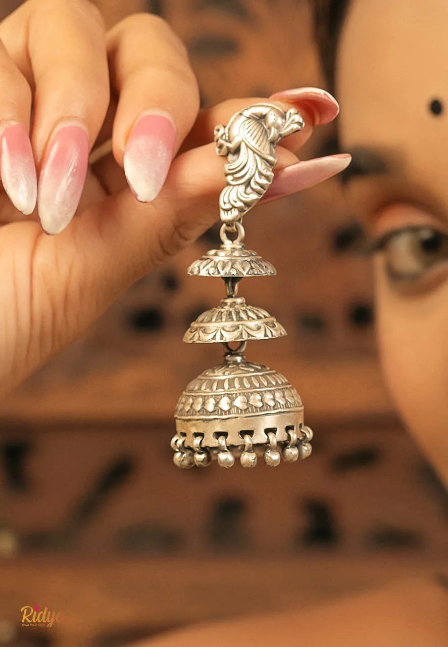 Carved Peacock Layered Jhumka Earrings