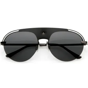 Classic Pilot Metal Brow Bar Star Detail Semi-Rimless Polarized Aviator Sunglasses D007