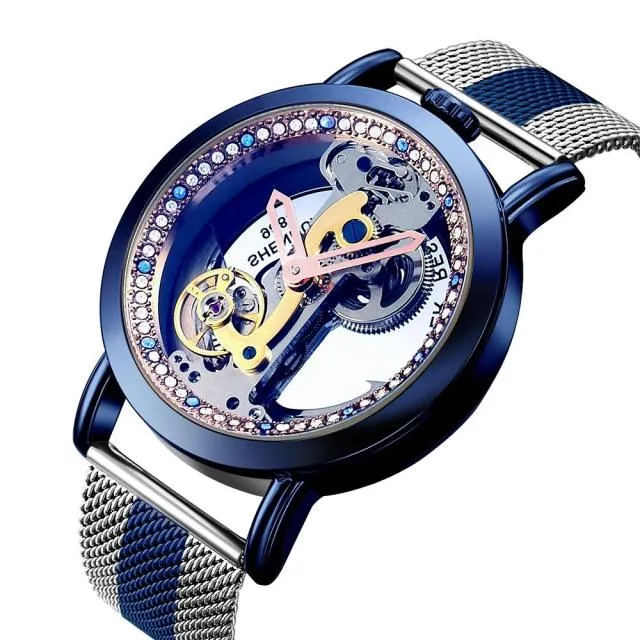 Creative Automatic Mechanical Watch Tourbillon Watches Transparent Diamonds Men Luxury Skeleton Self Winding Steel Mesh Clocks