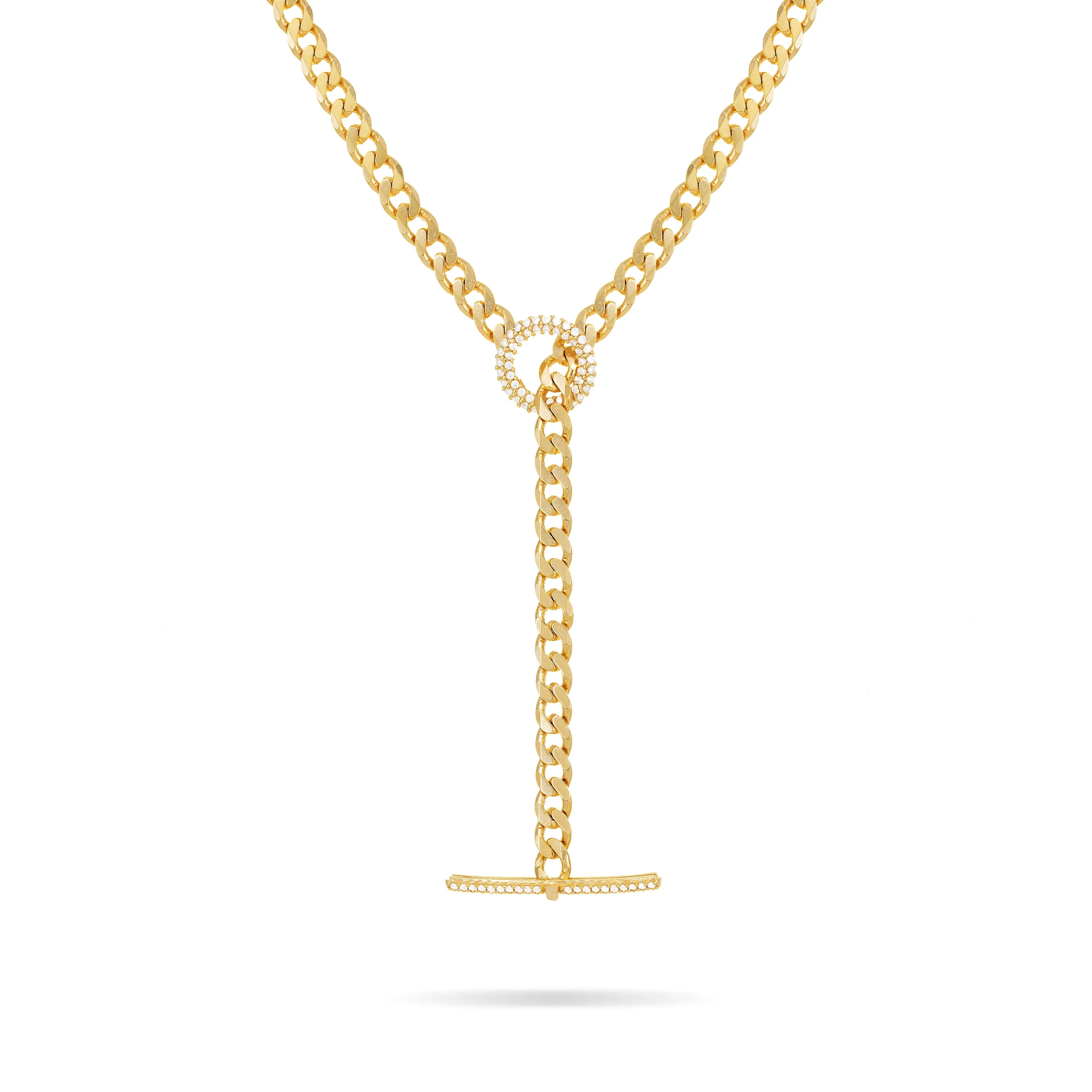 Cubic Zirconia T Bar Clasp Curb Chain Necklace - Gold White