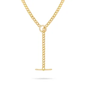 Cubic Zirconia T Bar Clasp Curb Chain Necklace - Gold White