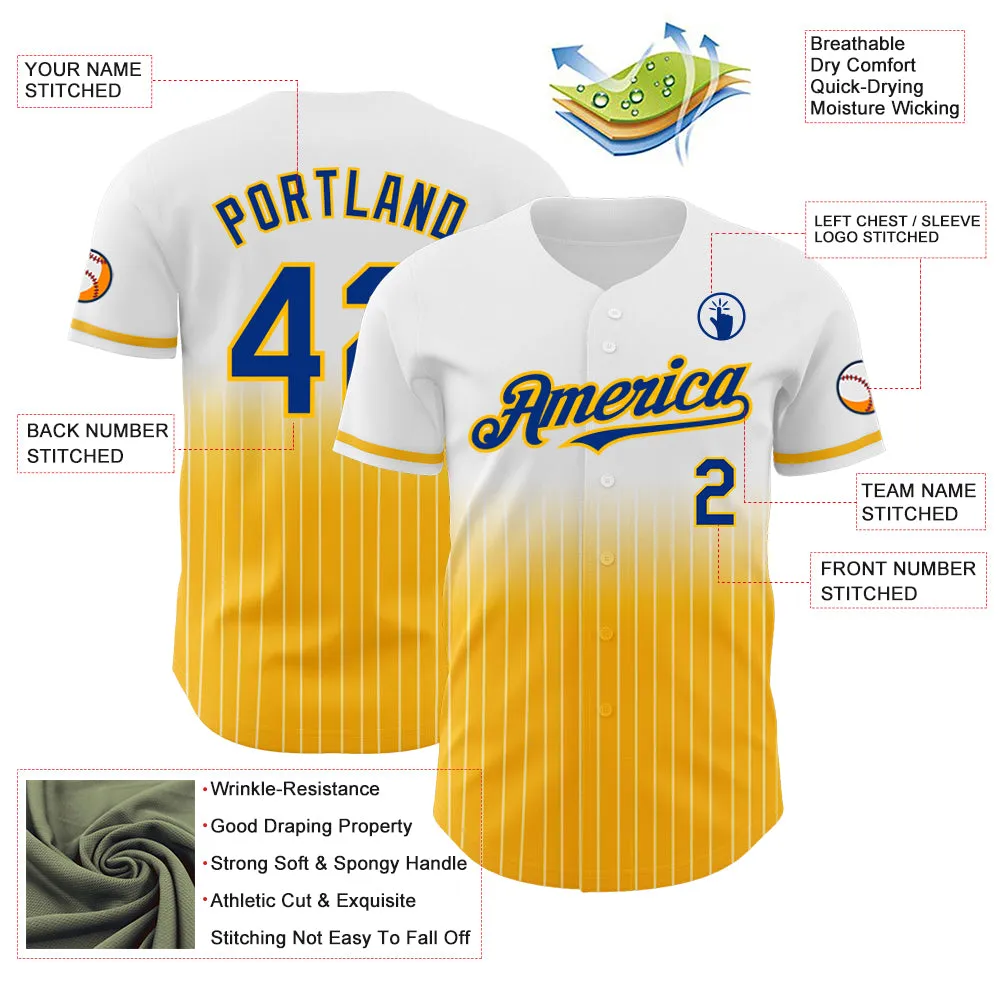Custom White Pinstripe Royal-Gold Authentic Fade Fashion Baseball Jersey