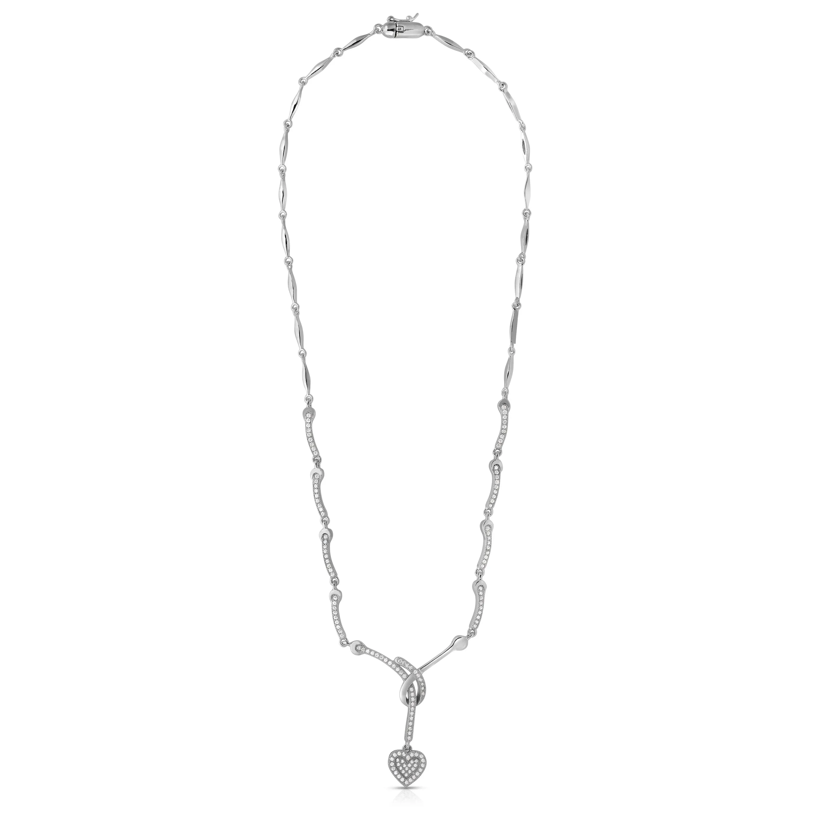 CZ SS Rhodium Plated Micro Pave Heart Shape Drop Necklace